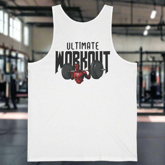 White workout tank top with "Ultimate Workout" text and barbell graphic, designed for gym and casual wear.