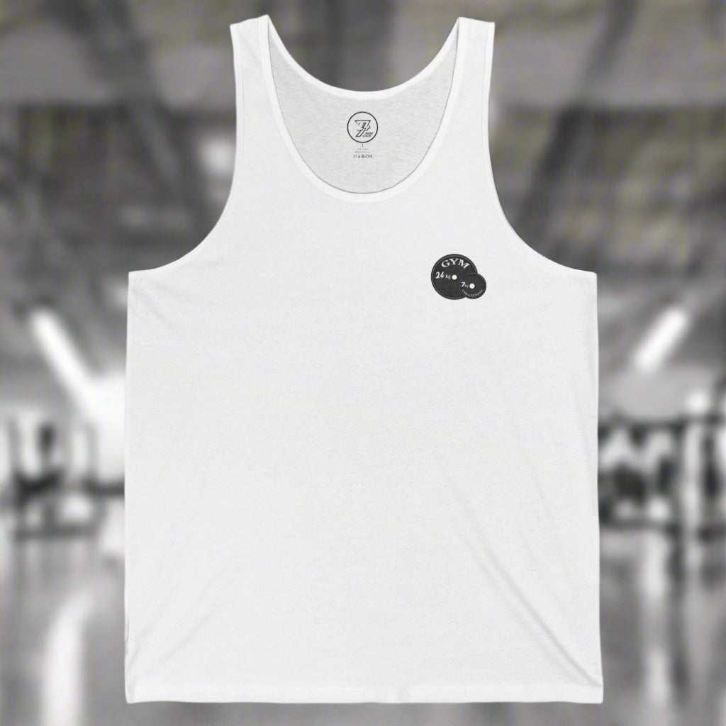 White workout tank top with small black gym logo on front, lightweight and comfortable for gym or casual wear