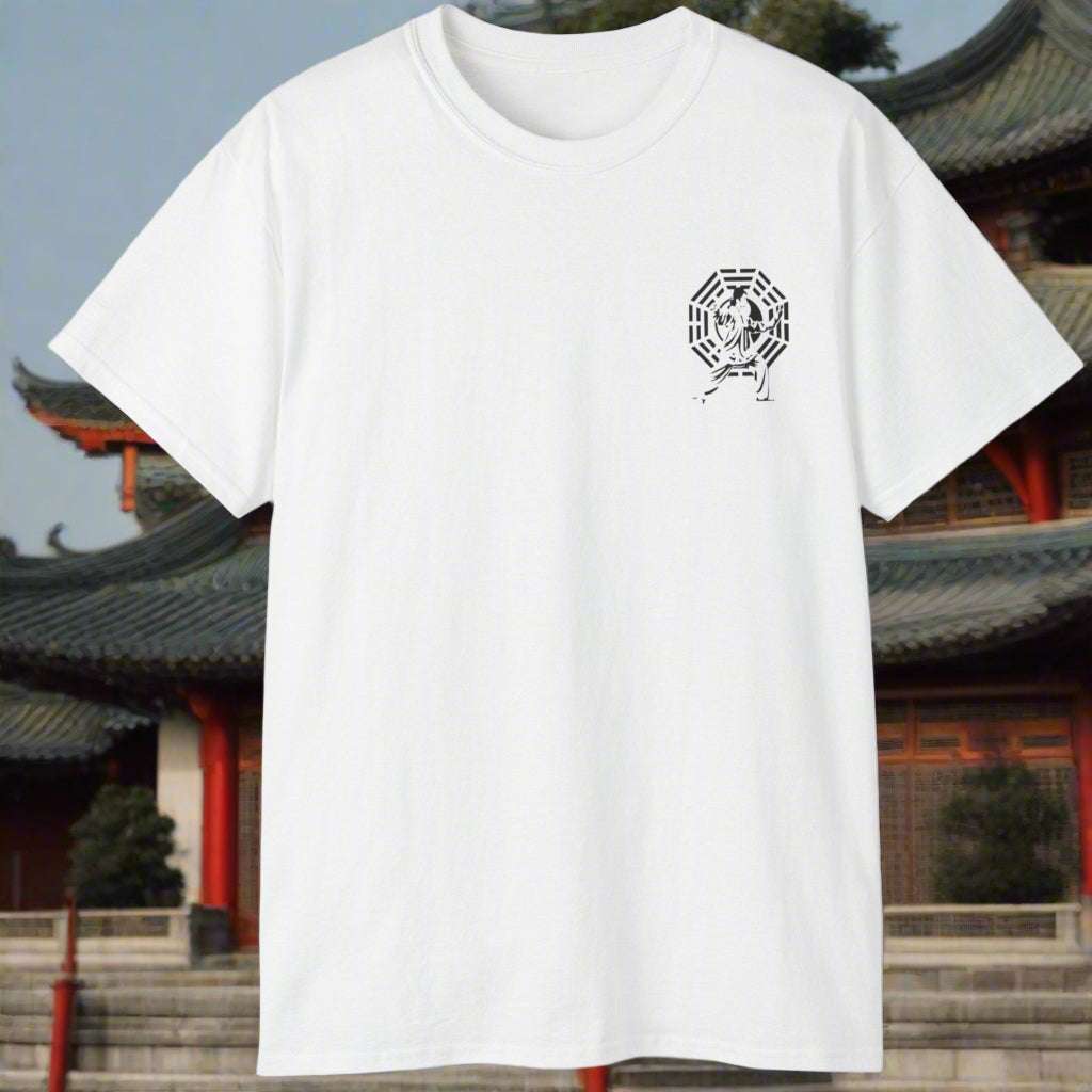 White unisex Thai Chi tee with black martial arts design on front pocket area, made of 100% cotton with classic fit and crew neckline.