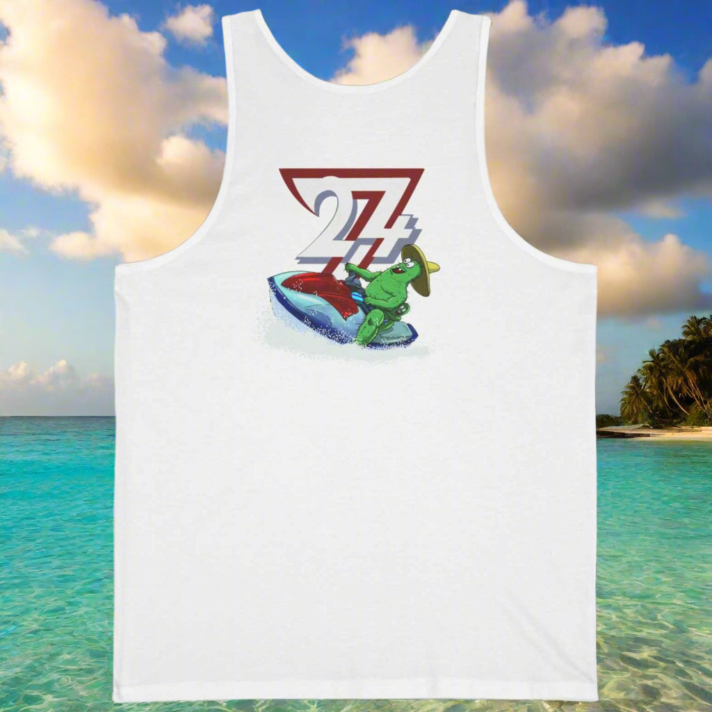 White unisex beach tank top with a funny cactus water sports design and summer vacation theme