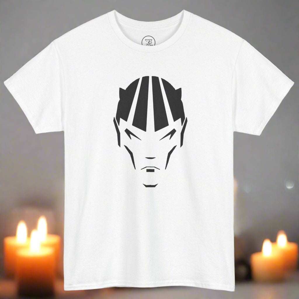 White unisex cotton t-shirt with black and white devil face comic character design on front