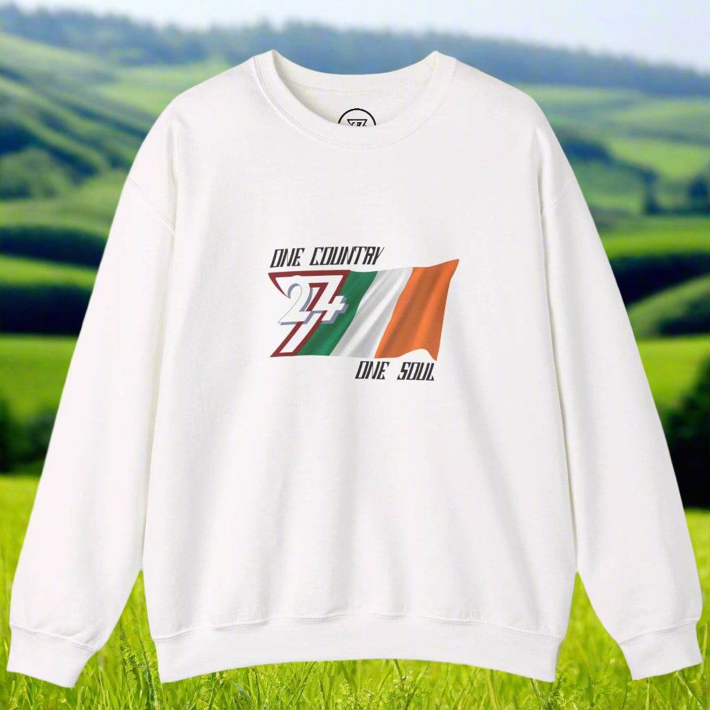White unisex sweatshirt featuring Ireland flag with "One nation one soul" slogan.