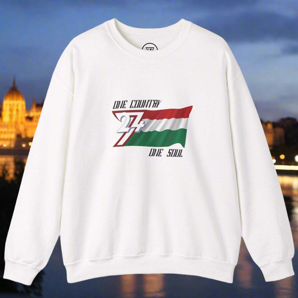 White unisex sweatshirt featuring a Hungary flag design with "One Country One Soul" text, made from cotton-polyester blend.