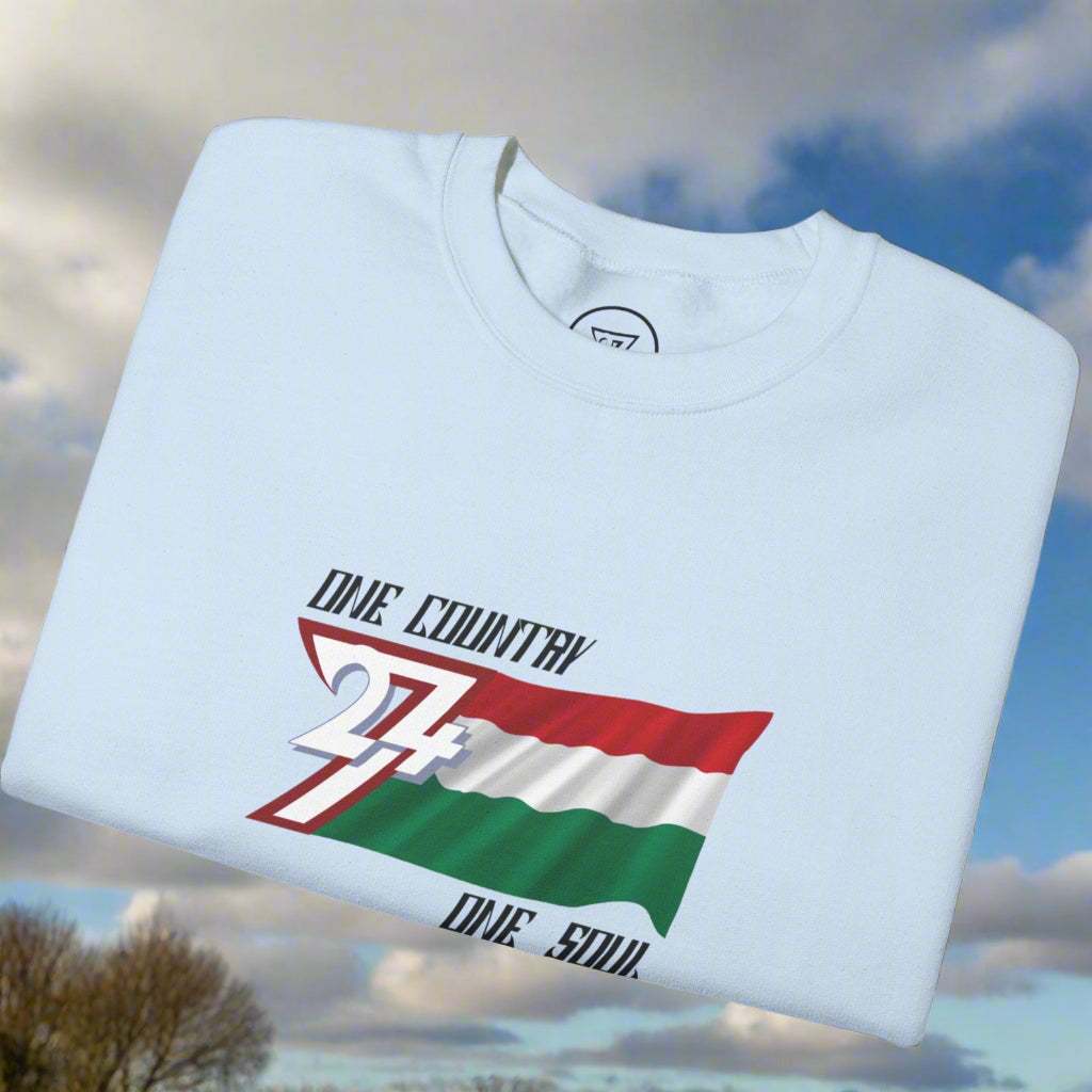 White unisex sweatshirt featuring the Hungary flag with "One country, one soul" text design