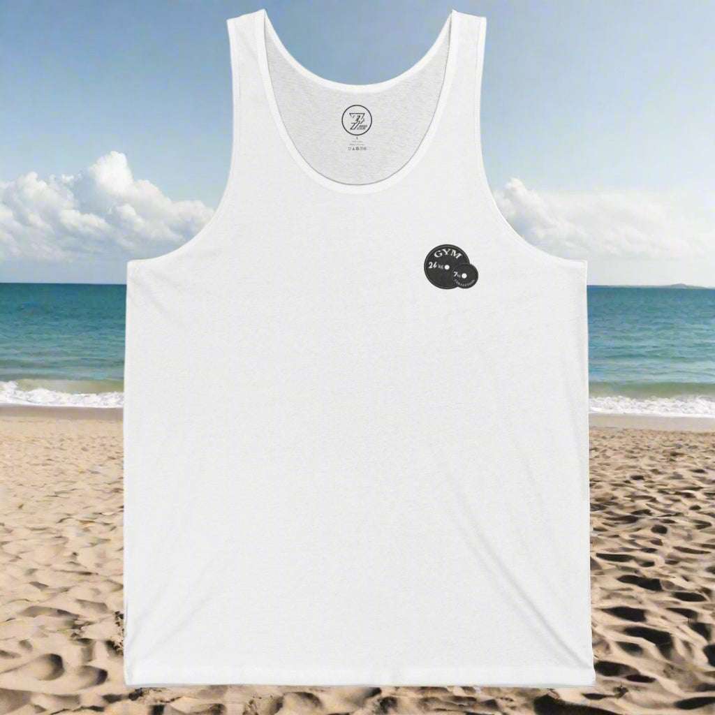 White unisex workout jersey tank top with small black gym weight graphic, perfect for fitness and casual summer wear.