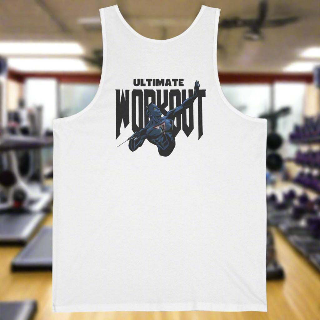 White unisex workout jersey tank with "Ultimate Workout" text and fantasy graphic, perfect for gym and casual summer wear