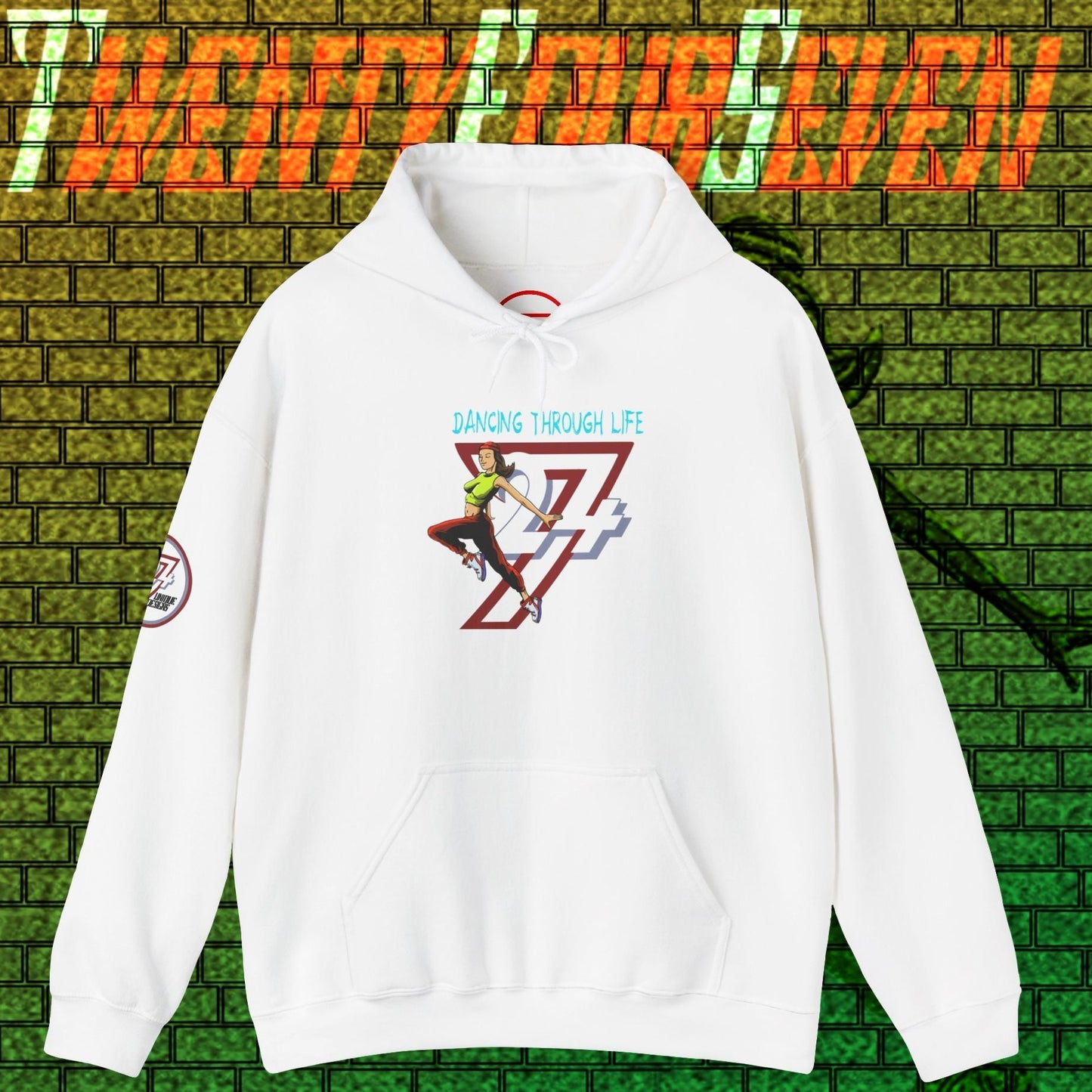 White women's street dance hoodie with hand-drawn dancer illustration and kangaroo pocket, stylish urban comfortable sweatshirt