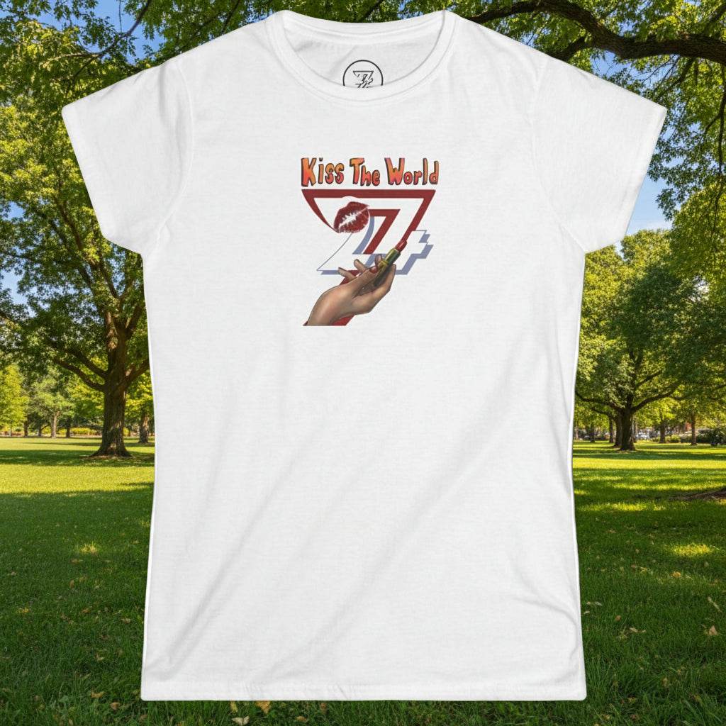 White women unique tee with lipstick holding hand design and "Kiss The World" text perfect gift