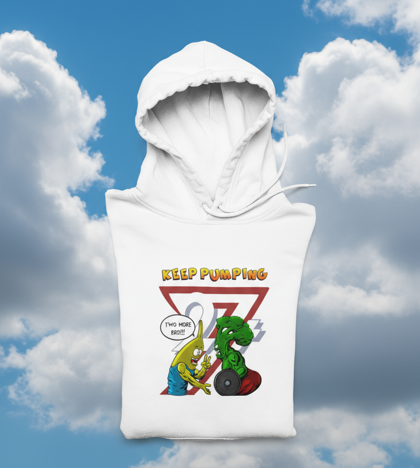 White workout hoodie with cartoon broccoli and banana lifting weights and "Keep Pumping" text