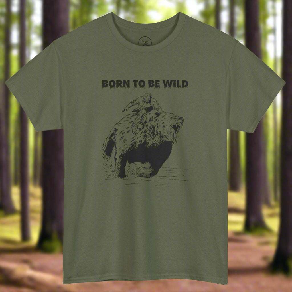 Green vintage style bear on t-shirt and "Born to be wild" text
