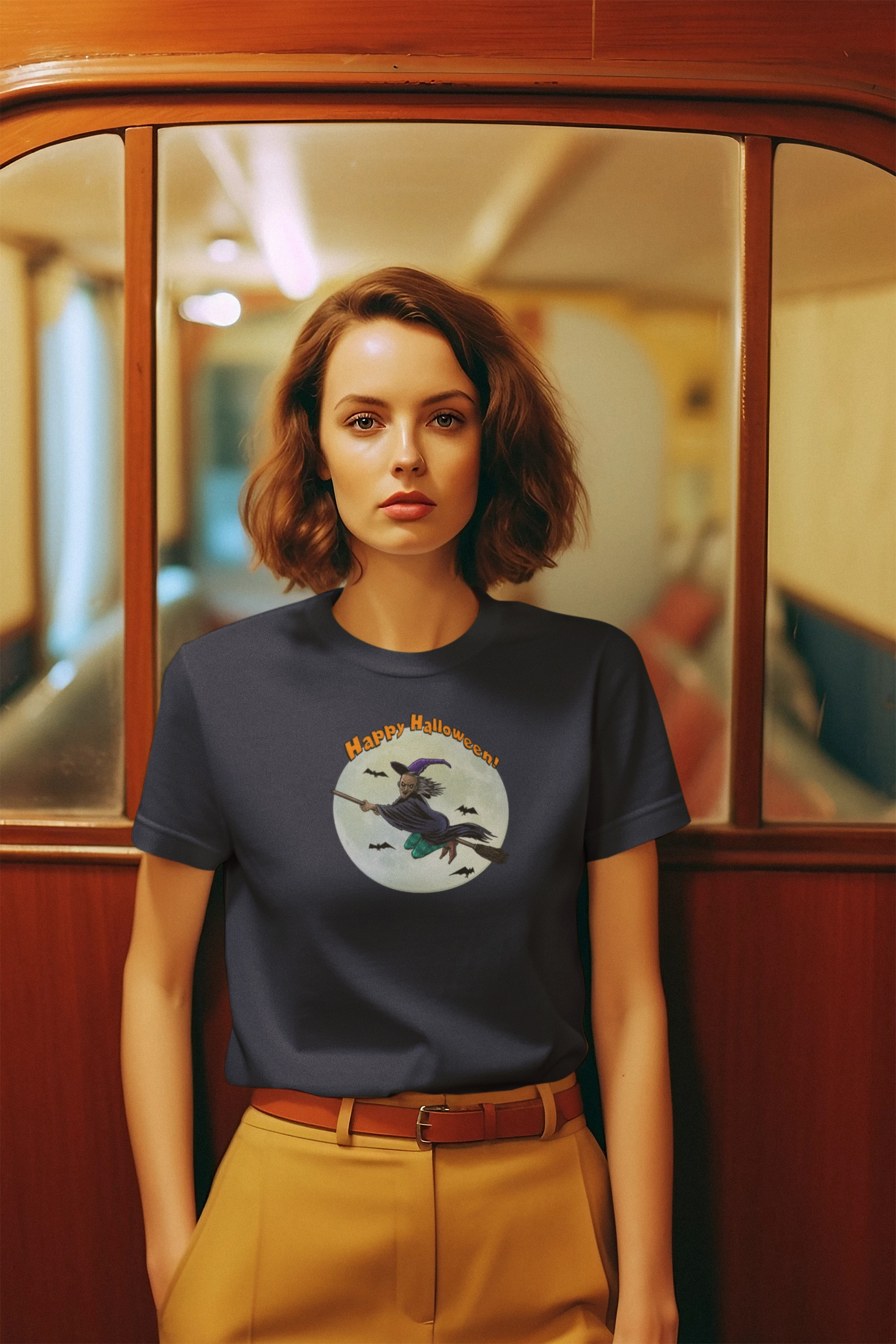 Woman wearing Halloween Witch Tee with flying witch and full moon design