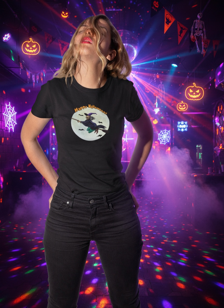 Woman wearing Halloween Witch Tee with flying witch and full moon design on black shirt