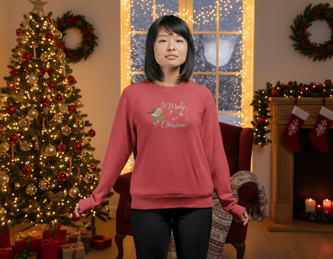 Woman wearing red Christmas robin sweatshirt with festive holiday room background