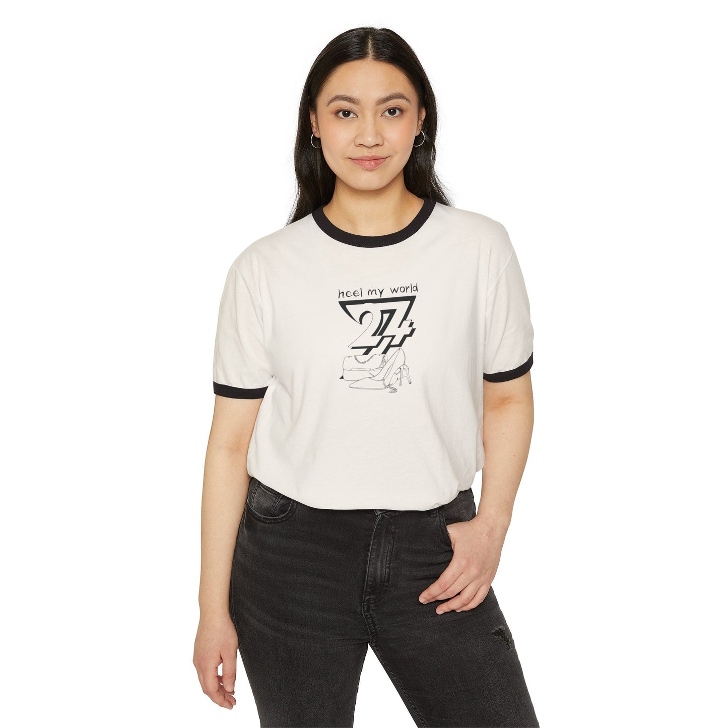Women T-shirt: Handbag and High Heels T-Shirt by 24/7 Unique Designs front view with person