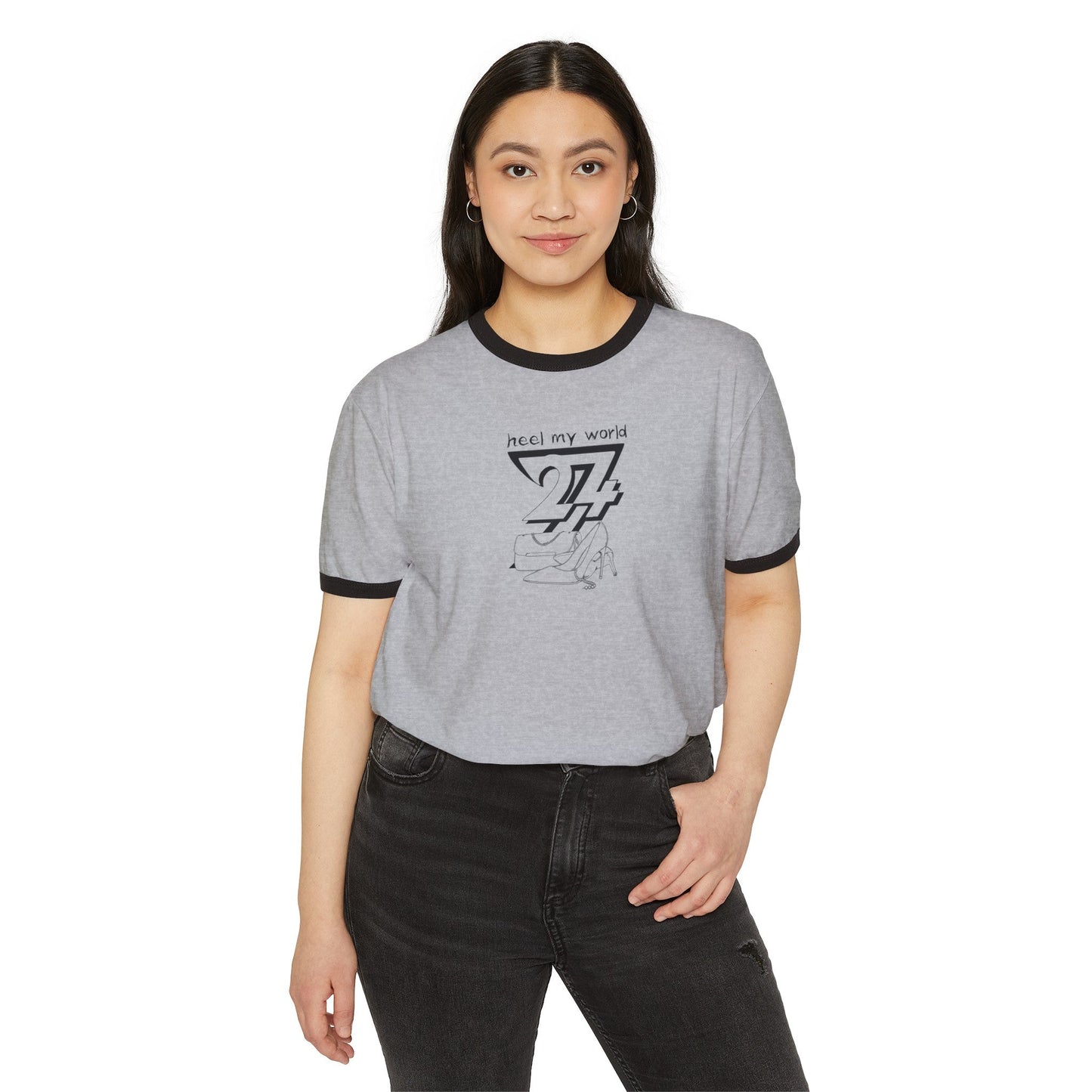 Women T-shirt: Handbag and High Heels T-Shirt by 24/7 Unique Designs front view with person