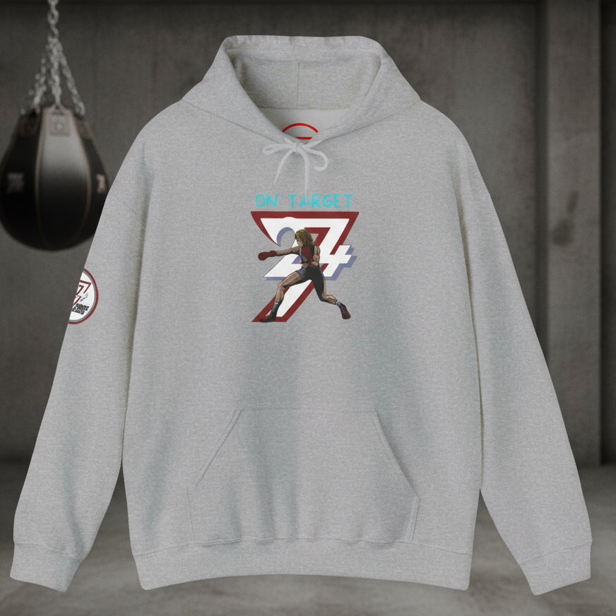 Women's grey boxing hoodie with feminine boxer graphic, adjustable hood, and kangaroo pocket for outdoor training and streetwear.
