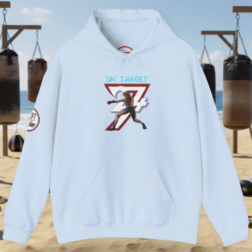 Women's light blue boxing hoodie with feminine boxer illustration, adjustable hood, and kangaroo pocket for streetwear and outdoor training