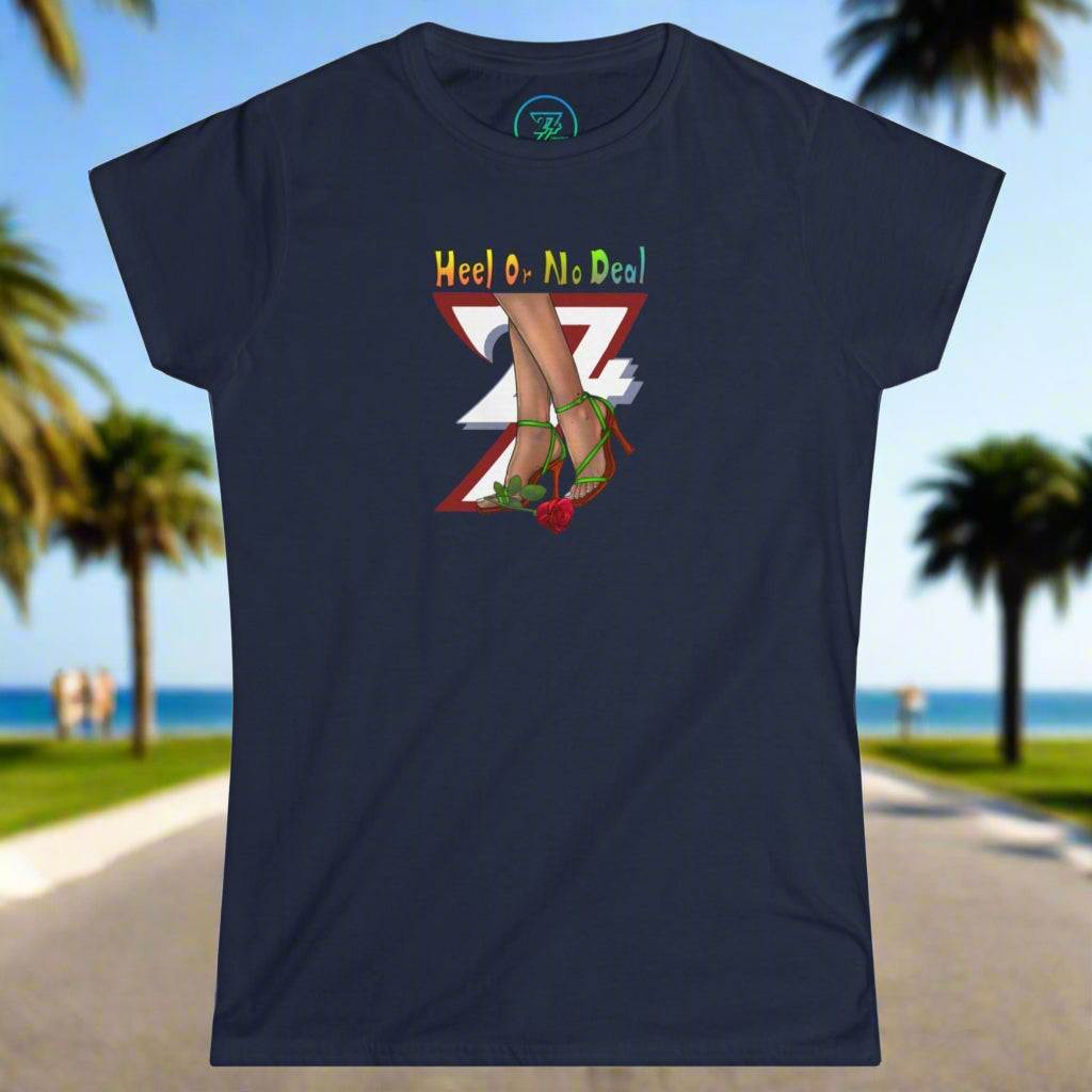 Women's navy graphic tee with "Heel or No Deal" quote, roses, and high heels illustration