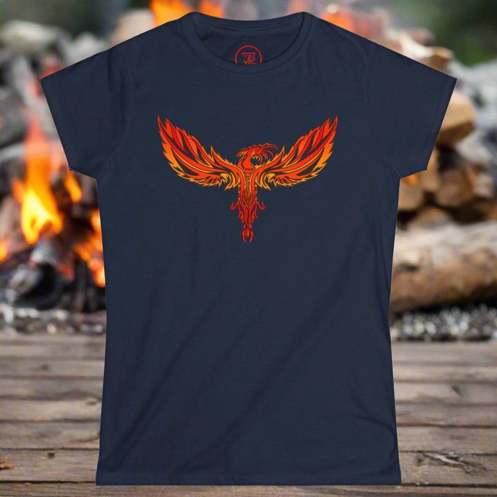 Navy blue women's Phoenix Tee with vibrant orange and red phoenix fire design for parties and casual wear