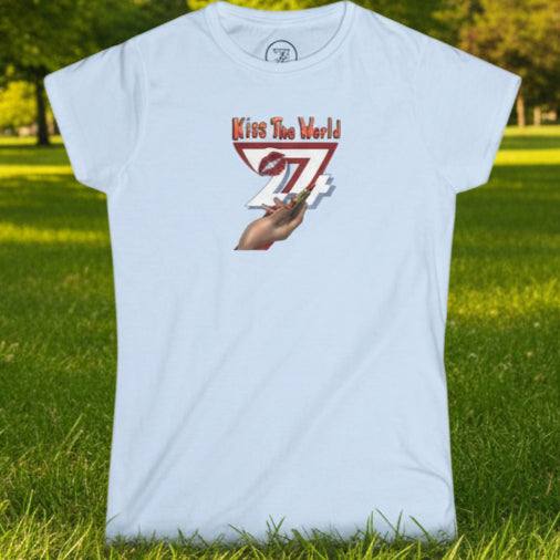 Women unique tee with creative lipstick holding hand design and "Kiss The World" text in light blue color