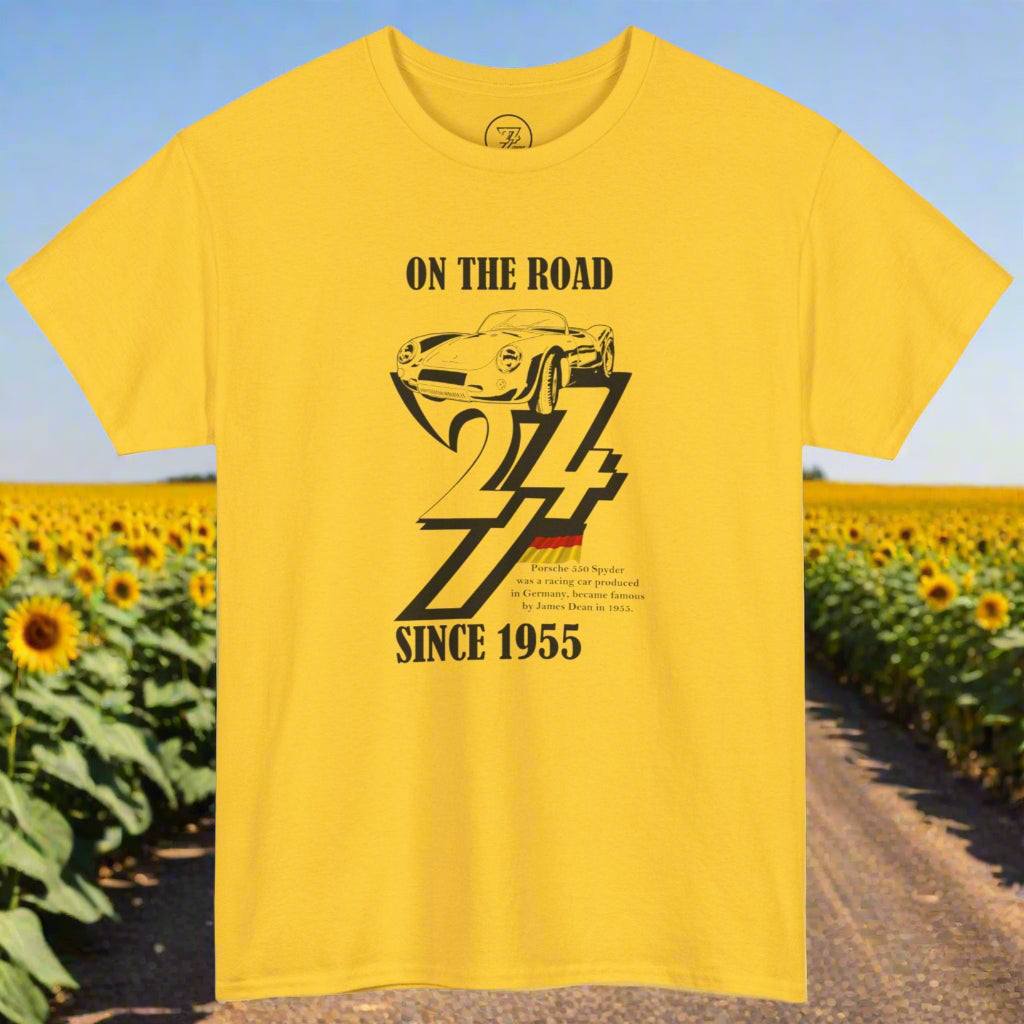 Yellow Vintage Porsche tee with black 1955 car illustration and "On The Road Since 1955" text