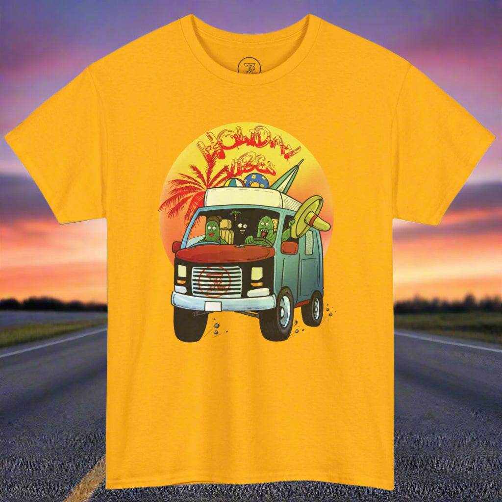 Yellow cactus shirt with a cartoon design of cacti driving a camper van and palm trees in the background