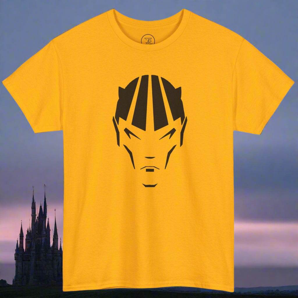 Yellow devil shirt with black Dablo comic character design on front, unisex cotton tee