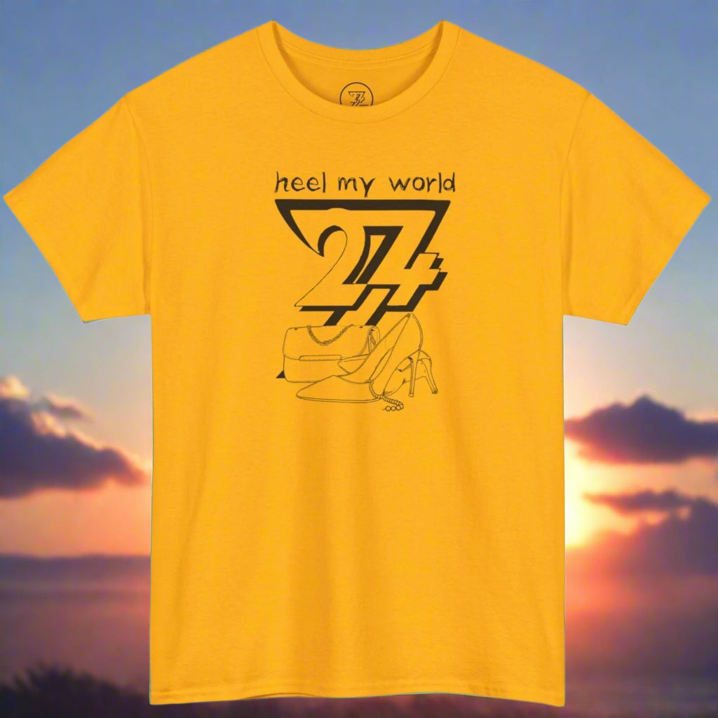 Yellow graphic tee with "heel my world" quote and black outline high heel shoe and handbag illustration