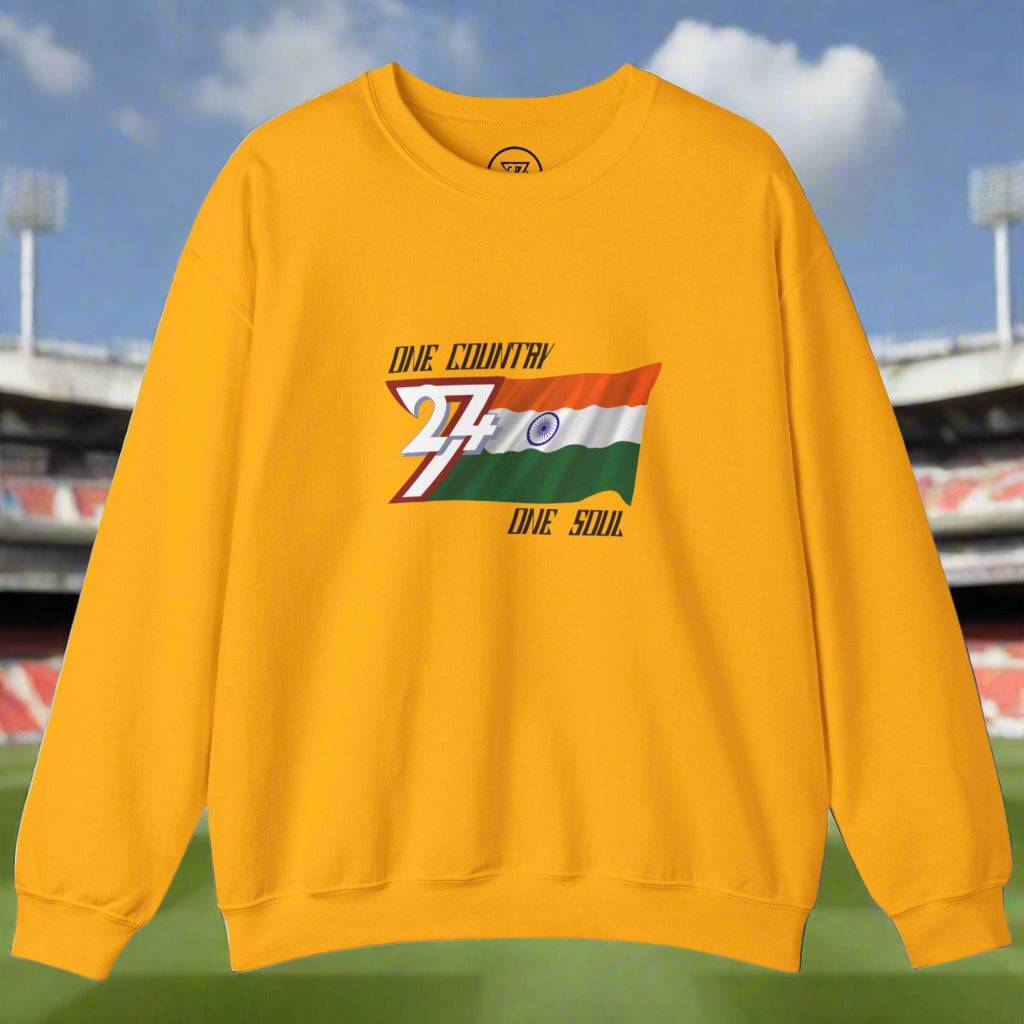Yellow sweatshirt with India flag design and "One country one soul" slogan on chest