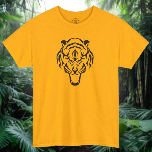 Yellow t-shirt with black tiger head design for martial arts enthusiasts