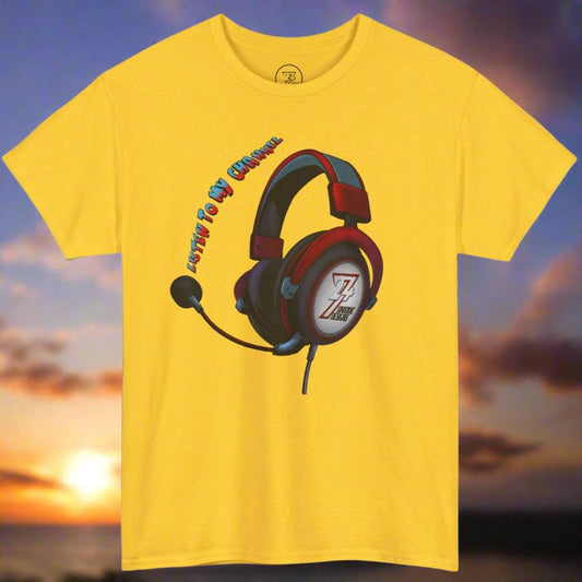 Yellow custom t-shirt with headphone design and "Listen To My Channel" text, perfect for streamers and digital creators