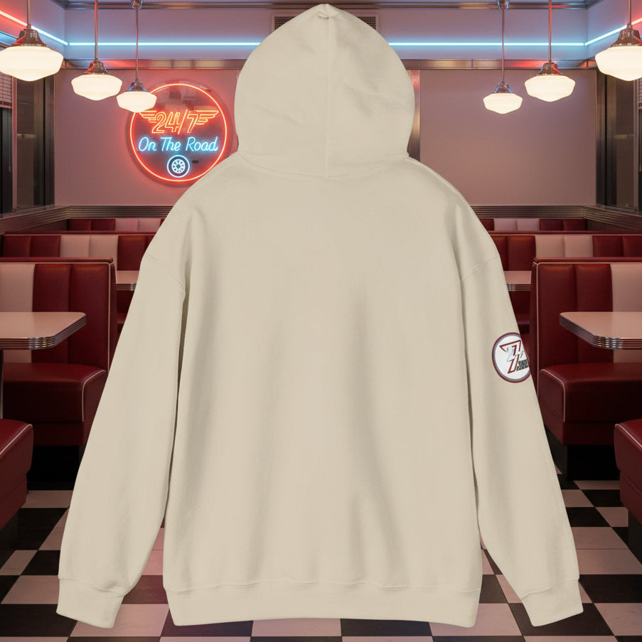 back view og beige car hoodie with hood and long sleeves, featuring a round car-themed patch on the sleeve, made of cotton-polyester blend.