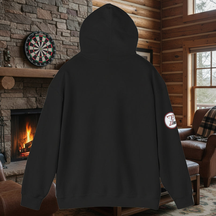 back view of black darts hoodie with adjustable drawstring hood and kangaroo pouch pocket, back view