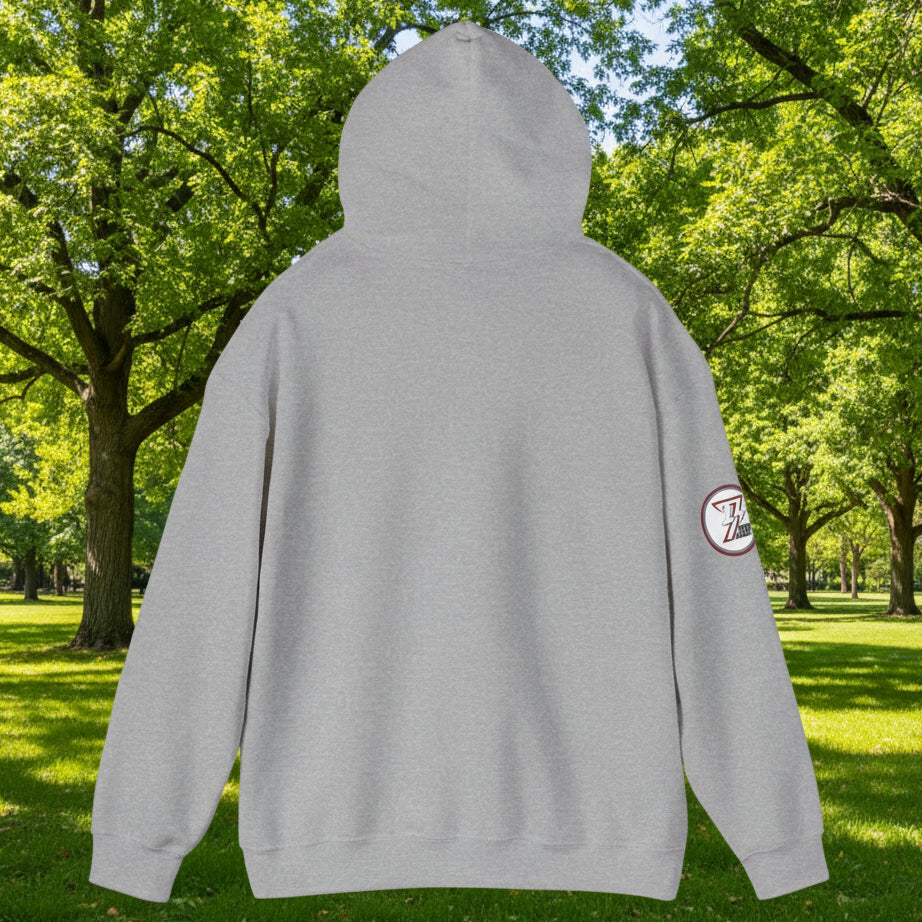back view of grey women's boxing hoodie with adjustable hood and kangaroo pocket, made of cotton-polyester blend