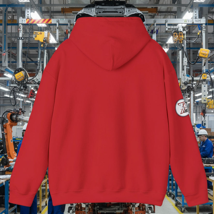 red car hoodie with hood and long sleeves, back view, casual travel and road trip wear