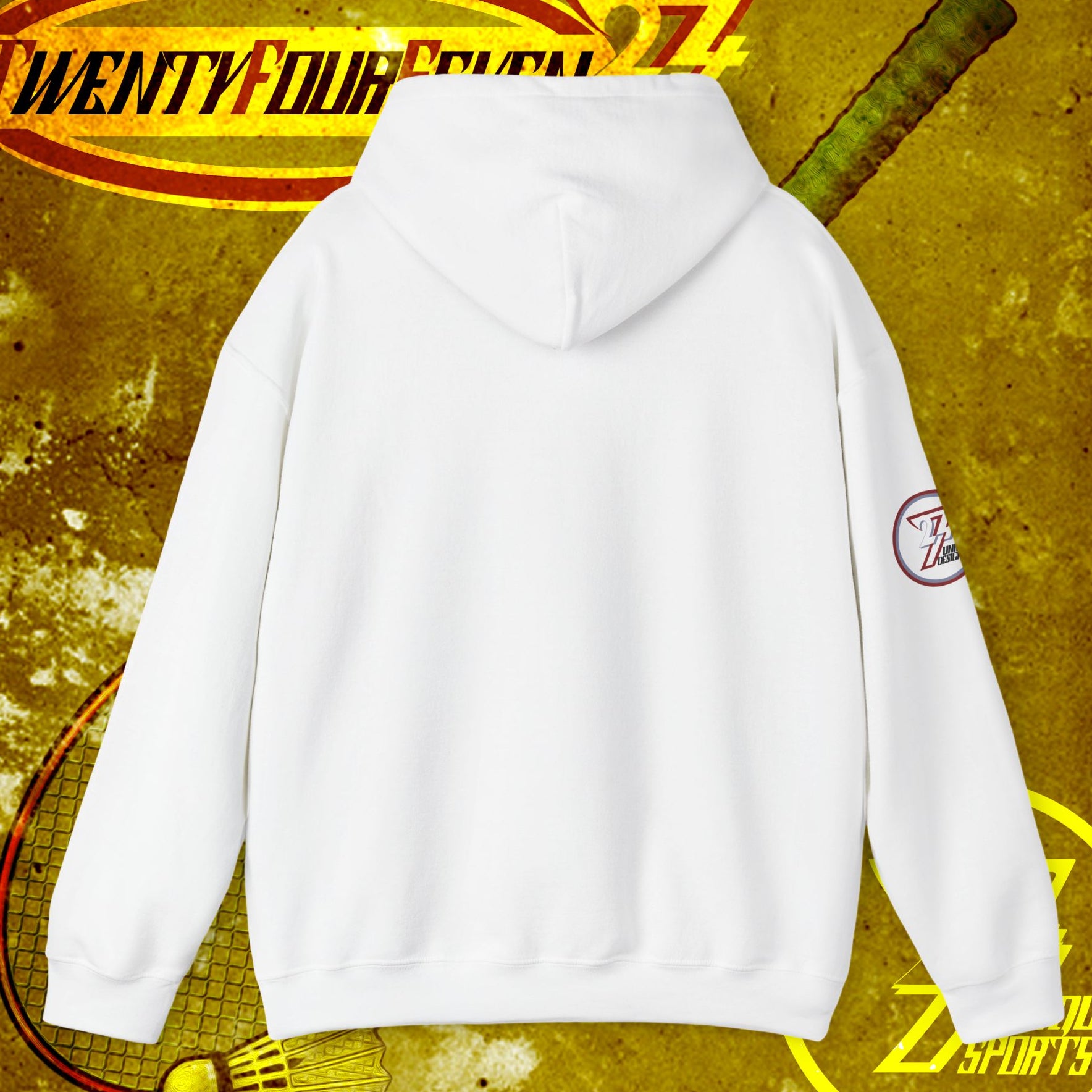 back view of white badminton hoodie sweatshirt with adjustable hood and embroidery on sleeve against sports-themed background