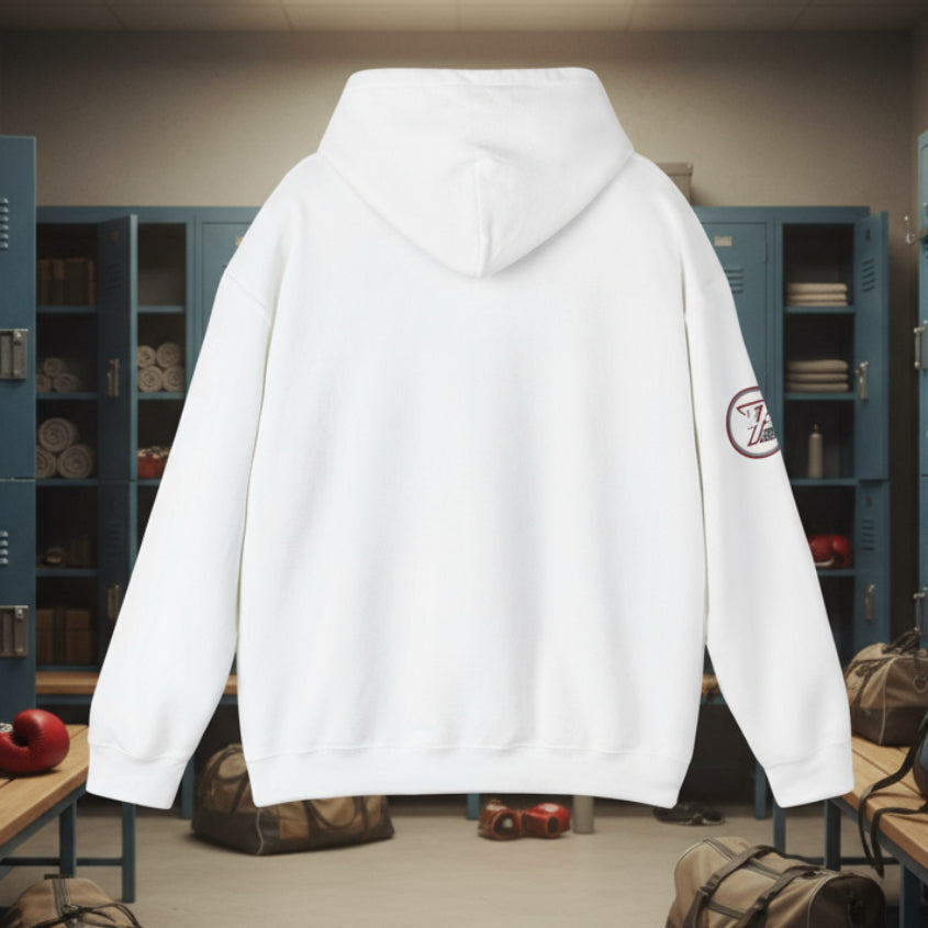 back view of white boxing hoodie sweatshirt with hand-drawn boxer design, adjustable hood, kangaroo pocket, cotton-polyester blend, and durable double-lined hood.