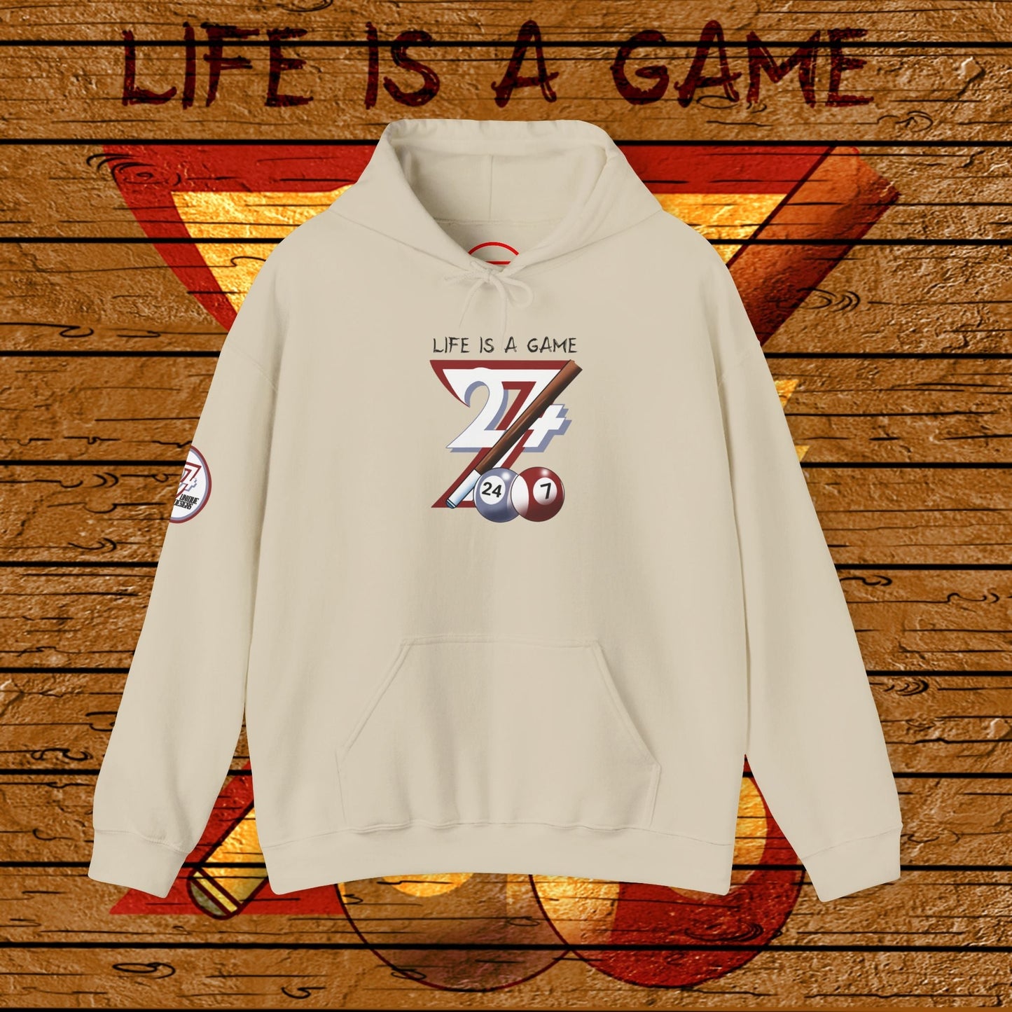 beige billiards hoodie with "Life is a Game" hand-drawn pool design and kangaroo pocket