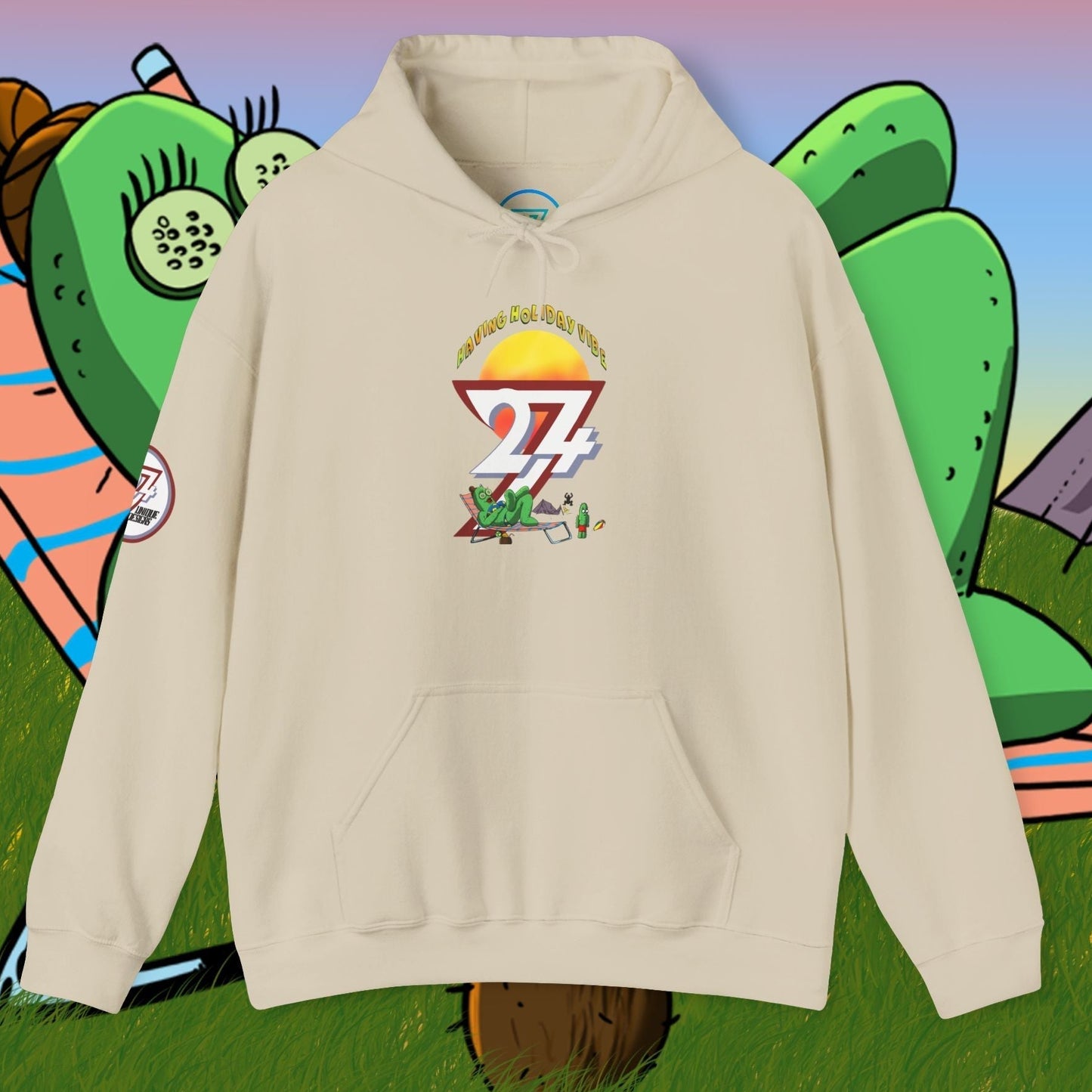 beige cactus hoodie with cartoon character print and kangaroo pocket, unisex camping sweatshirt