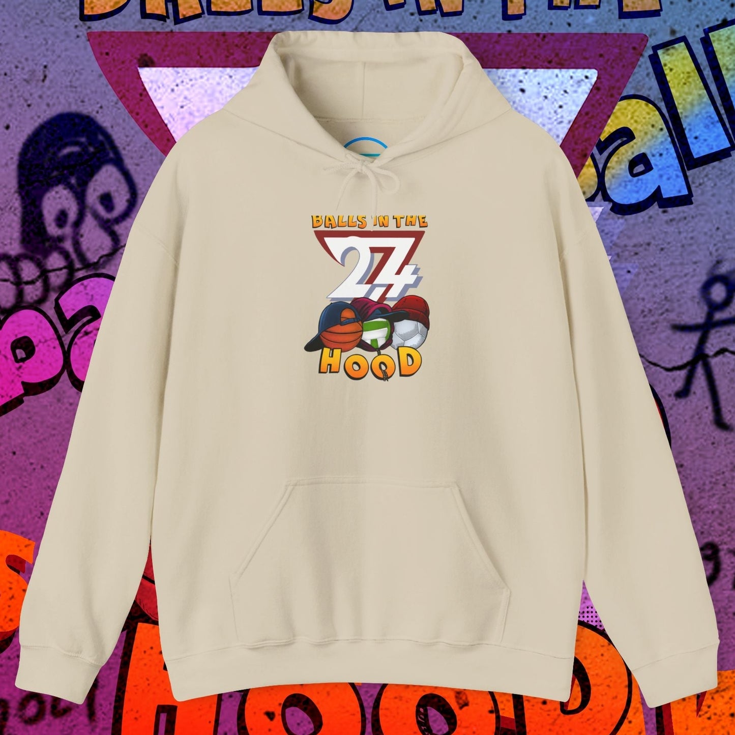 beige printed hoodie with "Balls in the Hood" design and kangaroo pocket