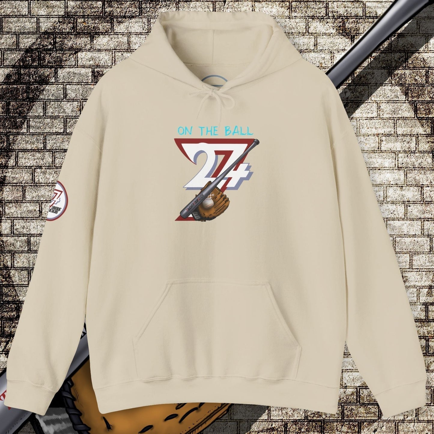 beige unisex baseball hoodie with hand-drawn baseball gear graphic, kangaroo pocket, adjustable hood, and durable cotton-polyester blend fabric