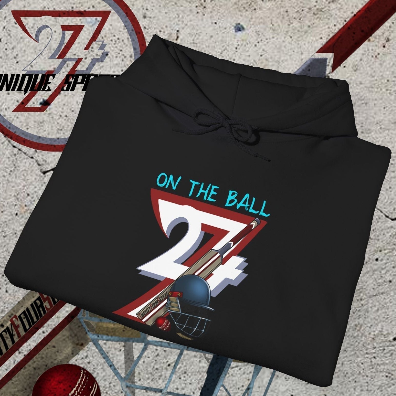 black cricket hoodie sweatshirt with unique 24/7 cricket illustration and helmet design