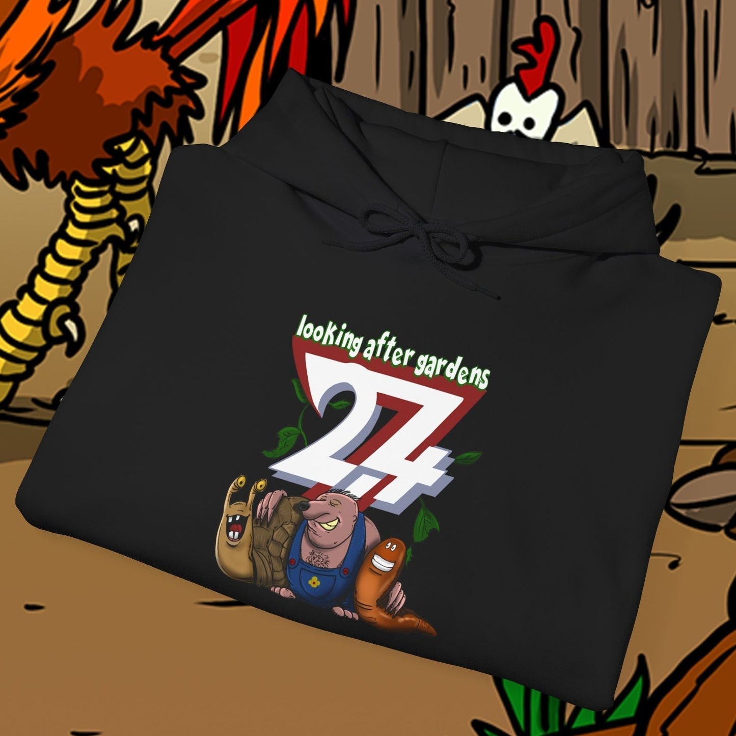 black gardening hoodie with cute cartoon slug, snail, and mole characters and "looking after gardens" text design