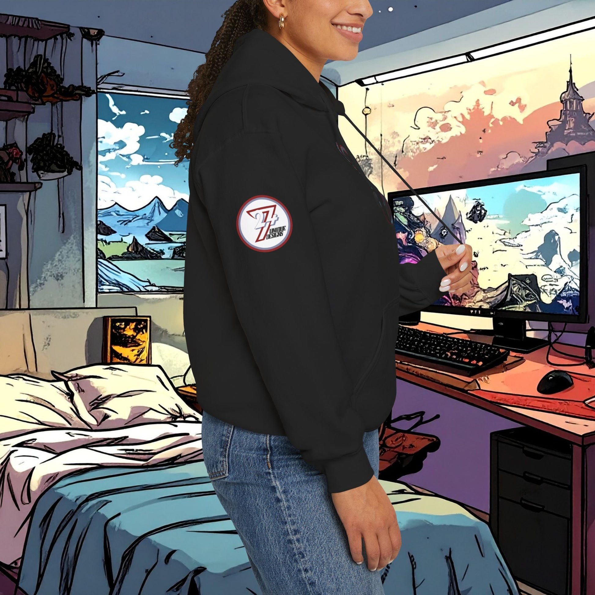 black headset hoodie with headphone design worn by woman in gaming room