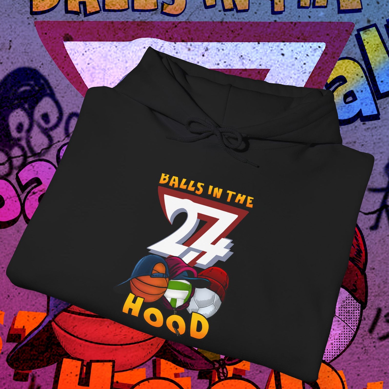 black printed hoodie with "Balls in the 27 Hood" colorful basketball design for urban streetwear and ballgames