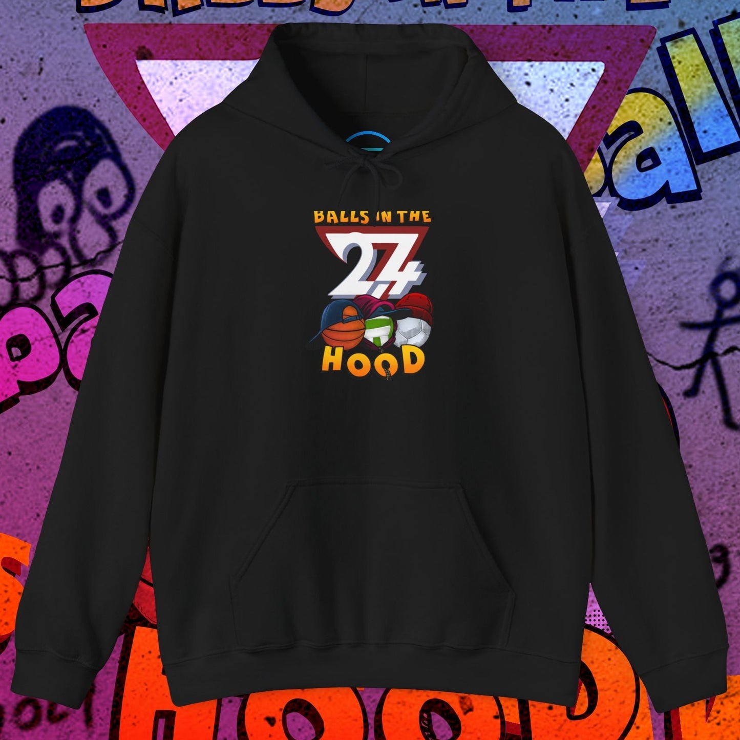black printed hoodie with colorful balls graphic and "Balls in the Hood" text for urban streetwear and ballgames