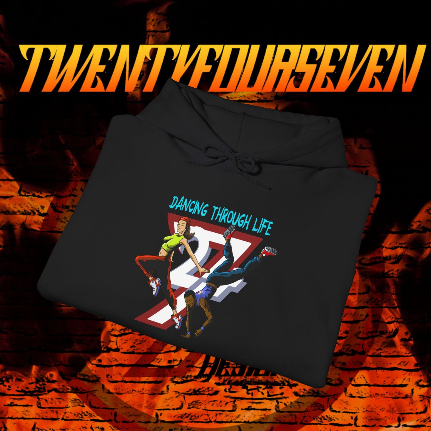 black streetwear hoodie with dancing graphic and "Dancing Through Life" text on front for urban dancers and TikTok fans