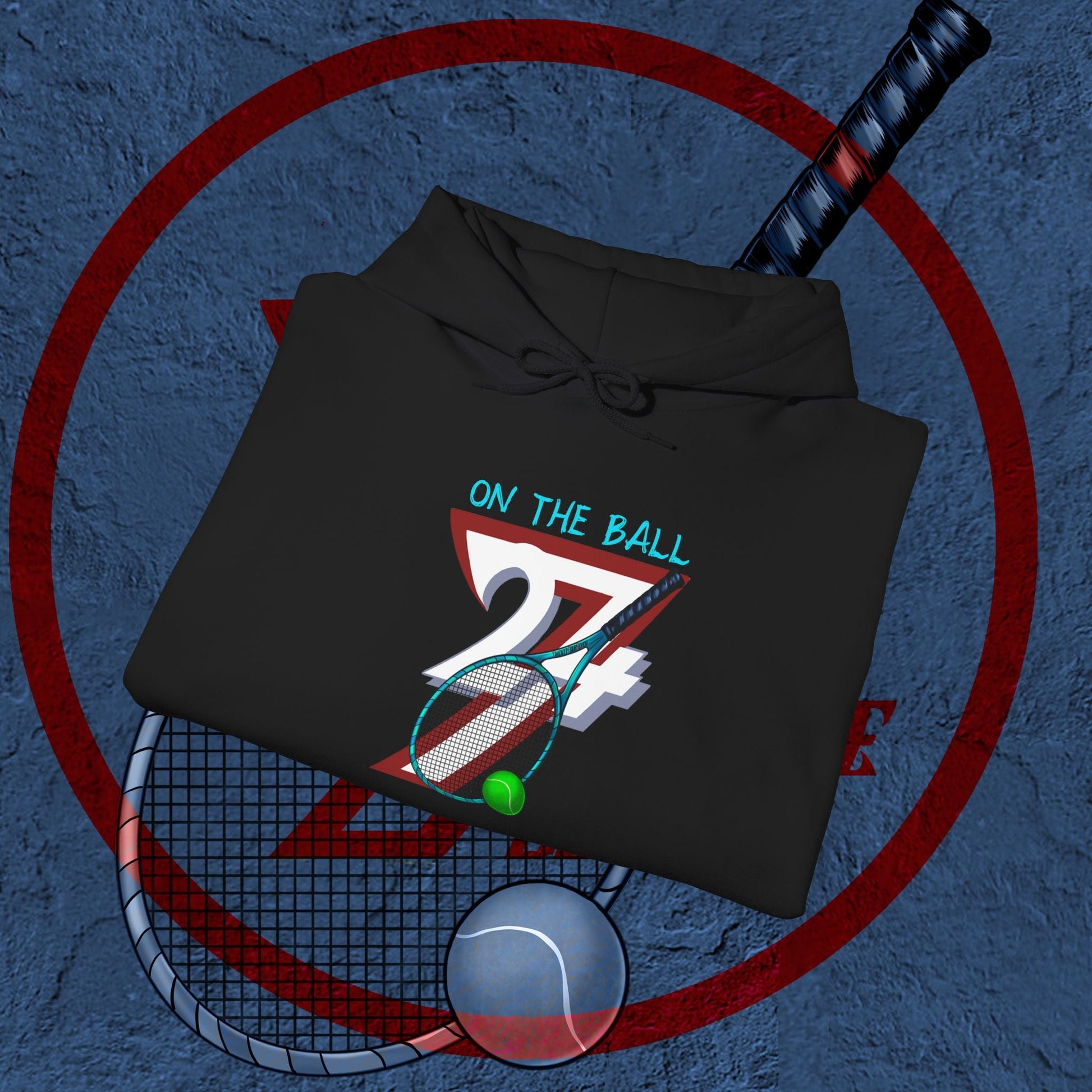 black tennis hoodie with hand-drawn tennis racket, ball, and "On The Ball" text design