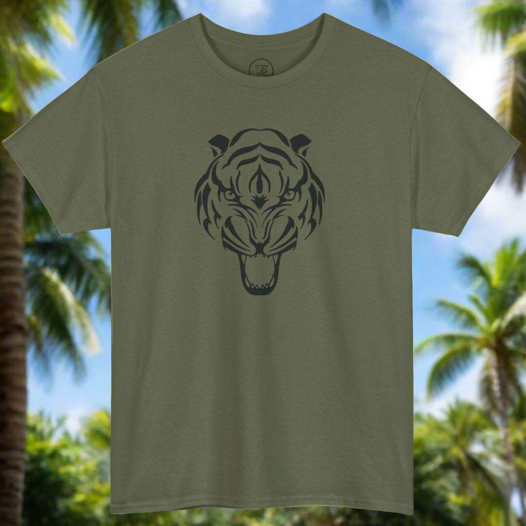 Olive green t-shirt with black tiger head design, unisex heavy cotton tee for martial arts enthusiasts.