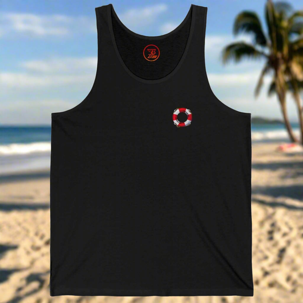 black unisex beach tank top with small red and white lifebuoy graphic on chest, summer vacation style